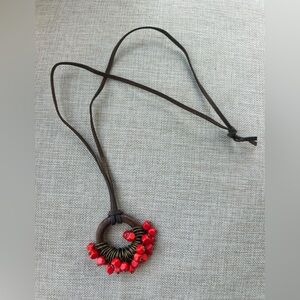 Boho Leather Necklace with Red Bead Accents